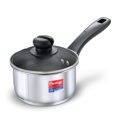 Prestige Platina Non-stick Stainless Steel Round Base Sauce Pan with Glass Lid (Silver)