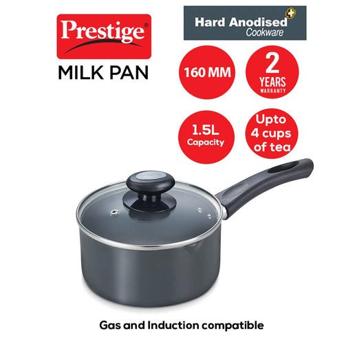 Prestige Hard Anodised Plus Gas and Induction Compatible Milk Pan with Glass Lid, (Black)