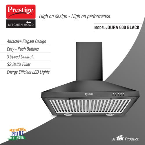 Prestige Dura 600 Black Stainless Steel Baffle Filter Kitchen Hood - 1000m3/hr