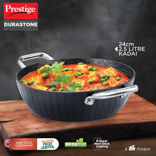 Prestige Durastone Hard Anodised 6 Layer Non-Stick Kadai with Glass Lid (Black)