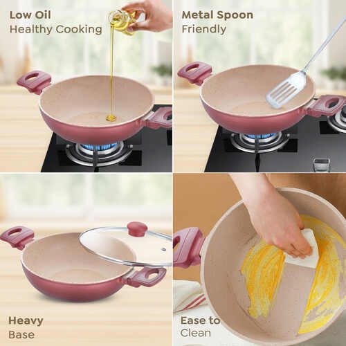 Prestige Omega Die-Cast Non-Stick Kadai with Glass Lid | 3-Layer Coating | Die-Cast Body | Metal Spoon Friendly | Heavy Base