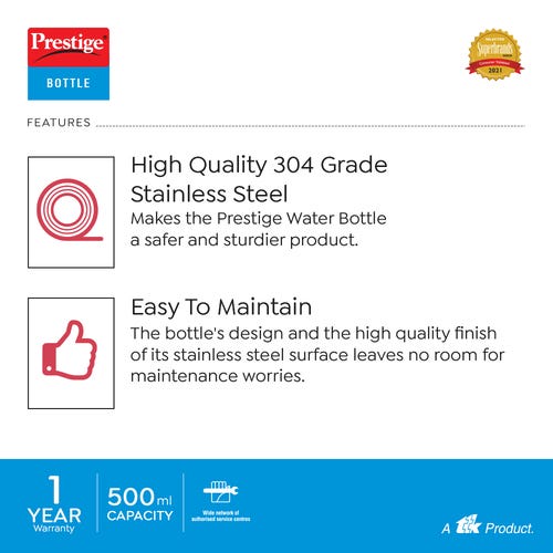 Prestige PSWBC 01 Stainless Steel Water Bottle, 500 ml (Red)