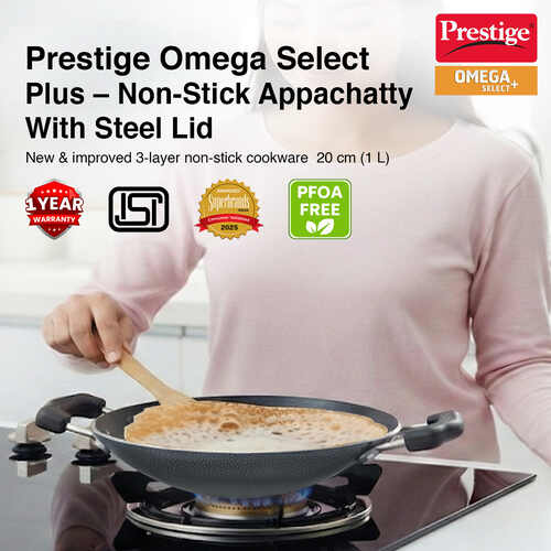 Prestige Omega Select Plus Aluminium Non-stick Deep Appachetty with Lid, 20 cm (1 L)