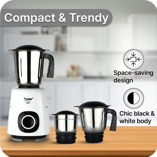 Prestige Atlas 500 W Juicer Mixer Grinder (Atlas Flash | 3 Jars | with Flow Breaker Design | White, Black)