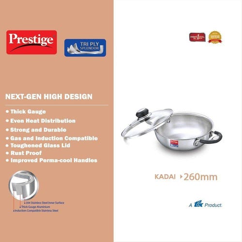 Prestige 26cm/3.25L Tri-Ply Stainless Steel Splendor Kadai with Lid| Gas & Induction Compatible| Even Heat Distribution| Strong and Durable| Perma-Cool Handles| Lifetime Warranty