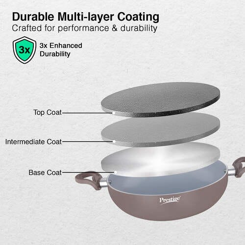 Prestige Ceraglide Duo Ceramic Coating Non Stick Aluminium Cookware Deep Kadai with Glass Lid