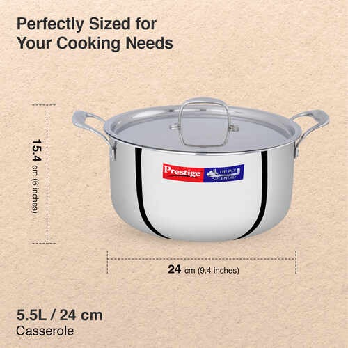 Prestige 24cm/5.5L Tri-Ply Stainless Steel Splendid Casserole| Gas and Induction Compatible |Even Heat Distribution| Thick Gauge Tri-Ply Body| Perma Cool Handles|15 Year Warranty