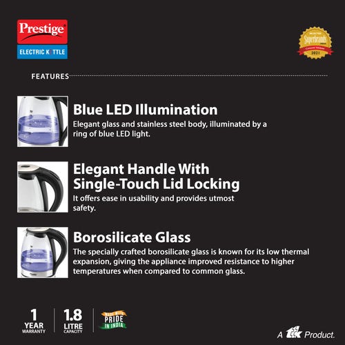 Prestige PGLK 1.8 Electric Glass Kettle 1500W, 1.8 L (Clear)