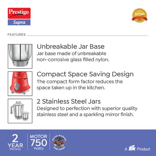 Prestige Supra 750 W Mixer Grinder, 3 Jars (1500 ml, 1500 ml, 300 ml) (Red, Silver)