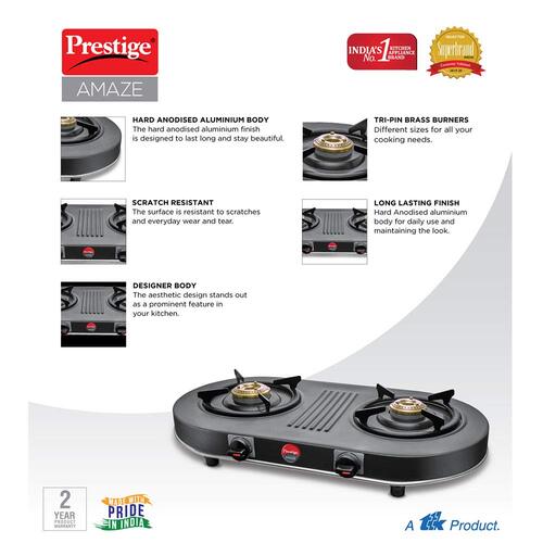 Prestige Amaze Manual Hard Anodised Aluminium 2 Burners Gas Stove, Grey