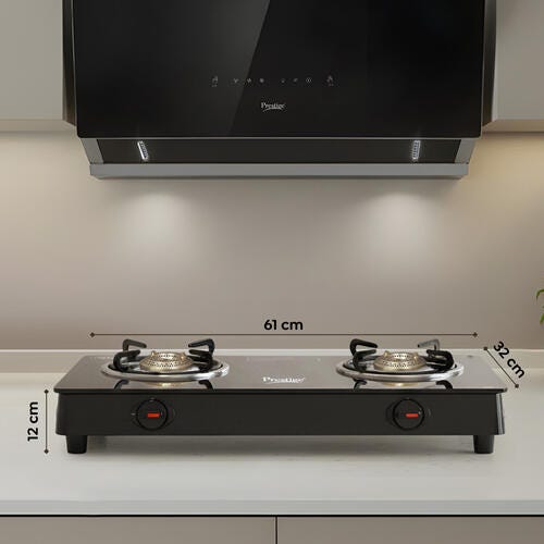 PRESTIGE ATLAS PLUS LP GAS STOVE 1 U GTA-02+ (WITH POWDER COATED BODY, GLASS TOP AND 2 U BRASS BURNERS) & L. P. GAS HOSE (WITH STEEL WIRE RE-INFORCED-1.5m)1 U & GAS LIGHTER PGL 03 1 U & KNIFE 1 U FREE
