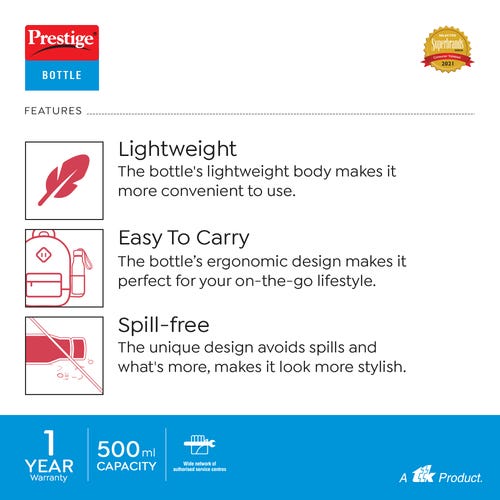 Prestige PSWBC 01 Stainless Steel Water Bottle, 500 ml (Red)