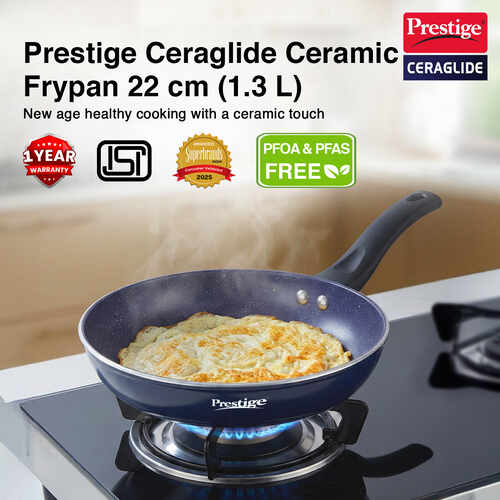Prestige Ceraglide Ceramic Coated 22 cm Non-Stick Fry Pan | Consumes Less Oil | Preferred For High Heating & Even Heating | Stain-Resistant | Gas & Induction Compatible | No Harmful Chemicals