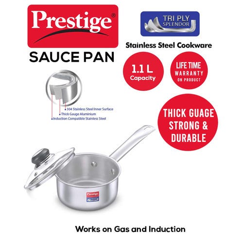 Prestige 14cm/1.1L Tri-Ply Stainless Steel Splendor Sauce Pan with Glass Lid|Gas and Induction Compatible| Even Heat Distribution|Strong and Durable| Perma-Cool Handles| Lifetime Warranty