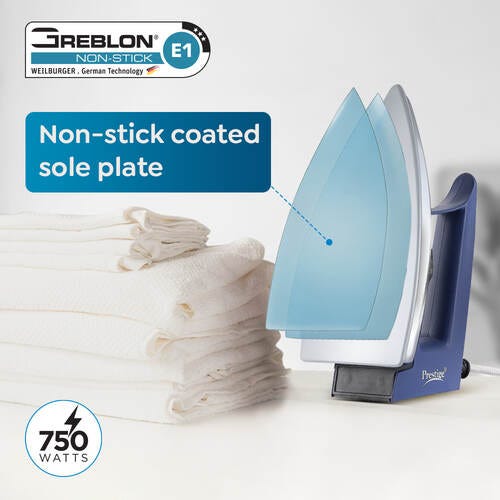Prestige Magic Cruise 600W Dry Iron|Greblon Non-Stick Coated Sole Plate|Wide Range Of Fabric Interface|Light Weight|Neon Indicator Light|2 Year Warranty|Blue & Silver