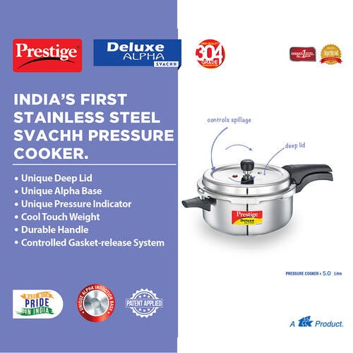 Prestige Deluxe Alpha Svachh Stainless Steel Spillage Control Pressure Cooker-(Silver/Silver)