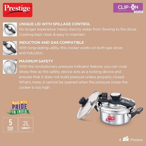 Prestige Clip-on Mini Svachh Stainless Steel Spillage Control Pressure Cooker (Silver)