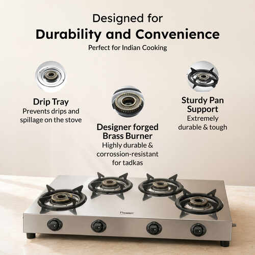Prestige Perfect Plus 04B Designer Forged Brass Burners|Removable Spill Tray Stainless Steel Manual Gas Stove (4 Burners)