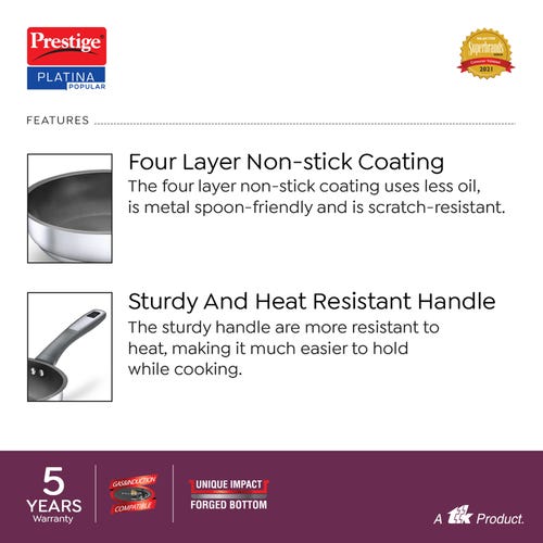 Prestige Platina Non-stick Stainless Steel Unique Impact Forged Bottom Fry Pan, Silver