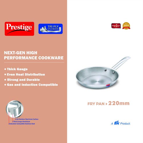 Prestige Tri-ply Splendor Stainless Steel Thick Gauge Fry Pan, (Silver)