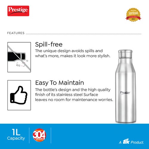 Prestige PSWBC 17 Stainless Steel Spill Free Water Bottle, 1 Litre, Silver