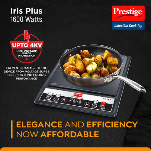 Prestige Iris 1600 Watts Induction Cooktop | 4KV Surge Protection | 6 Preset Indian Menu Options & Timer | Soft Touch Button | Easy to Clean | Portable | 1Y Warranty | Black | BIS Certified