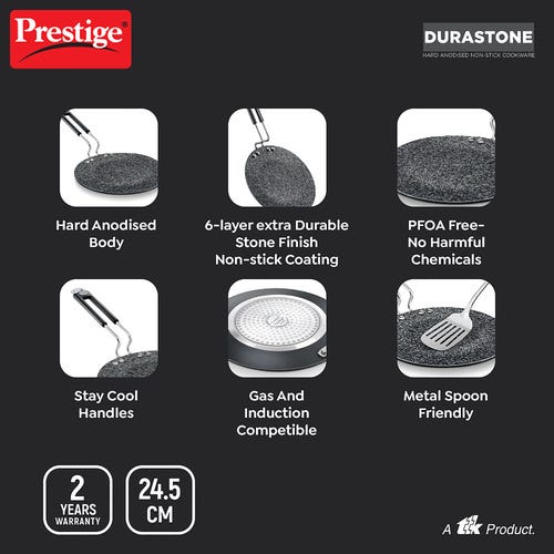 Prestige Durastone Hard Anodised 6 Layer Non-Stick Concave Tawa, (Black)