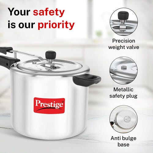 Prestige Nakshatra Svachh Aluminium Inner Lid Pressure Cooker with Unique Deep Lid for Spillage Control, 10 Litre, Silver