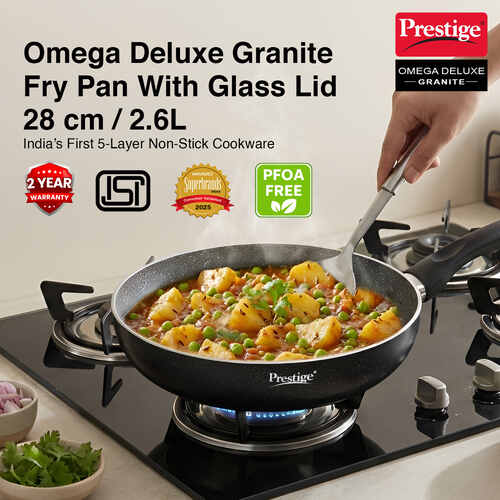 Prestige Omega Deluxe Granite Non-stick Round Base Fry Pan with Glass Lid, 28cm, 3L (Black)