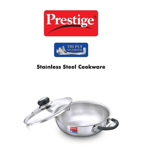 Prestige 26cm/3.25L Tri-Ply Stainless Steel Splendor Kadai with Lid| Gas & Induction Compatible| Even Heat Distribution| Strong and Durable| Perma-Cool Handles| Lifetime Warranty