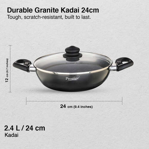 Prestige Omega Deluxe Granite Non-stick Kadai with Glass Lid, 24cm, 2.4 L (Black)
