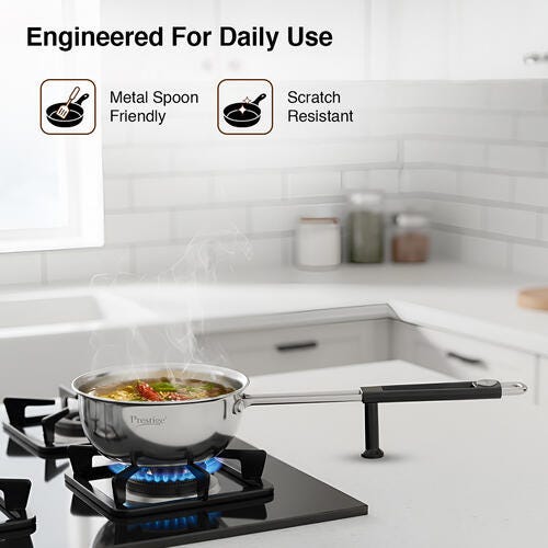 Prestige 11cm/300ml Tri-Ply Stainless Steel Splendor Tadka Pan| Gas & Induction Compatible| Rimmed Edge| In-Built Stand| Heat Resistance Handle| Thick Gauge| Life Time Warranty