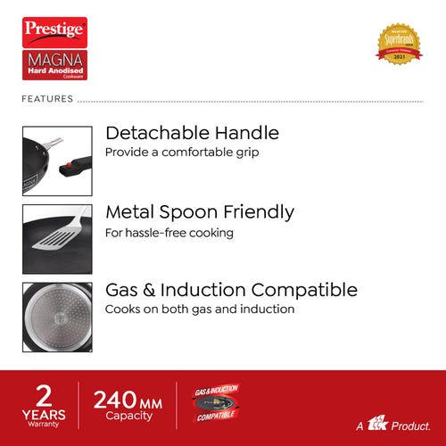 Prestige Magna Hard Anodised Cookware with Detachable Handle Fry Pan, (Black)