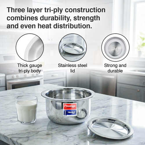 Prestige 14cm/1L Tri-Ply Stainless Steel Tope with Lid|Gas and Induction Compatible| Even Heat Distribution|Strong and Durable| 5 Years Warranty