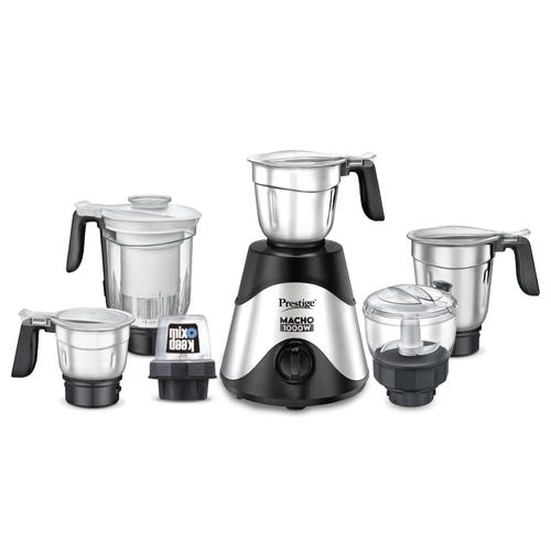 Prestige 1000 Watts Macho Mixer Grinder with 4 Jars (3 Stainless Steel Jars + 1 Juicer Jar)| Multi-Utility Jar| Mix-O-Keep Jar| Kneader & Chopping Blades| Stainless Steel Body| Silver & Black
