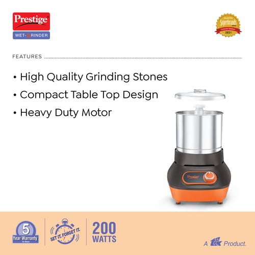 Prestige Vertical Wet Grinder with Stainless Steel Drum 200 W (Black & Orange)