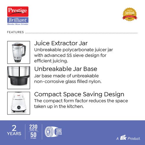 Prestige Brilliant 500W Blender Mixer Grinder, with Accessories - Stainless Steel Jars 2 Unit And Juicer Jar 1 Unit