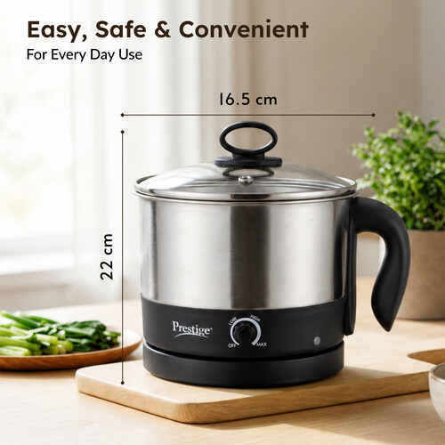 Prestige 1L PMC 1.0 Plus Multi Kettle / Multi Cooker| Glass Lid with Stainless Steel rim|Temperature Control |Power Indictor (Silver, Black)