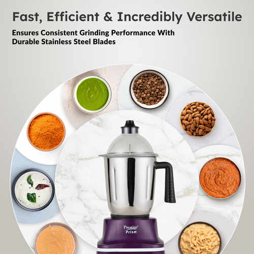 Prestige 750 Watts Prism Mixer Grinder with 3 Stainless Steel Jars| LED Power Indicator|Flow Breaker Design|Sturdy Handles| Purple and White