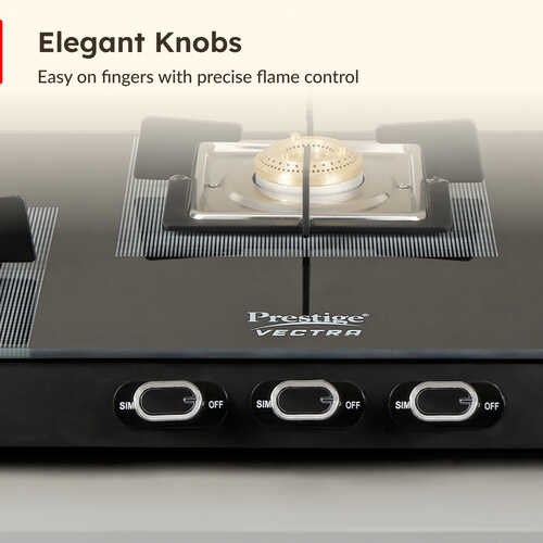 Prestige Vectra 3 Burner Glasstop Gas Stove|Superior Toughened Glass|Jumbo Brass Burner|3-Way Gas Inlet|360 Degree Revolving Nozzle|10 Years Warranty on Glass|Black