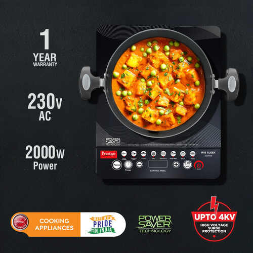 Prestige Iris Sleek 2000 Watts Induction Cooktop-Individual Touch Buttons| 4KV Surge Protection | 8 Preset Indian Menu Options & Timer | Automatic Voltage Regulator | 1Y Warranty | Black|BIS Certified
