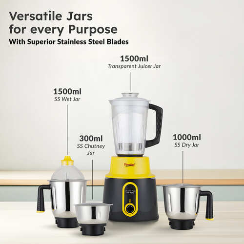 Prestige 750 Watts Delight Plus Mixer Grinder with 4 Jars (3 Stainless Steel Jars + 1 Juicer Jar)| Sturdy Handles| Superior-Grade ABS Body| Yellow and Black