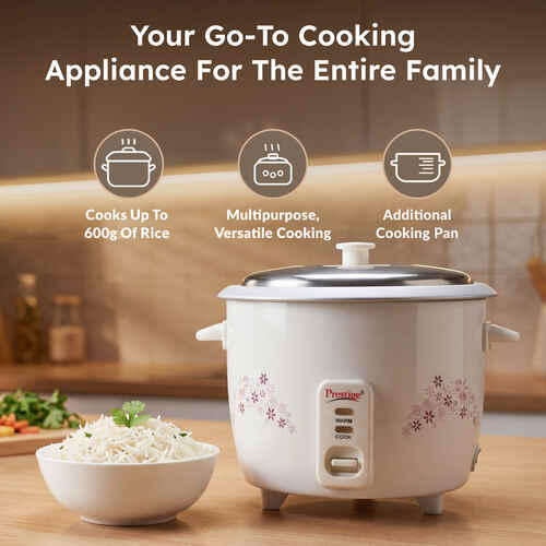 Prestige Delight PRWO-1.5-2 Double Pot Electric Rice Cooker(1.5L for Rice-Open Type, White, with Aluminium Cooking Pan-2 units 3.5 L pan Volume, 500 W)
