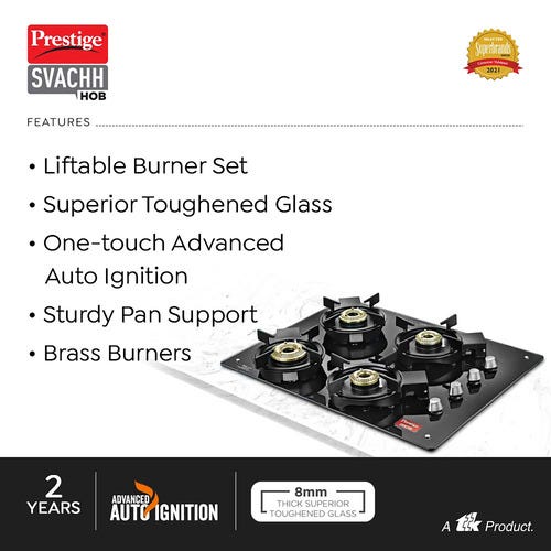 PRESTIGE SVACHH HOB ( PSVH-OZ AI ) (WITH TOUGHENED GLASS TOP MULTI SPARK IGNITION SYSTEM & 4 BRASS BURNERS)