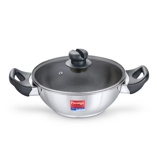 Prestige Platina Non-stick Stainless Steel Unique Impact Forged Bottom Kadai with Glass Lid (Silver)