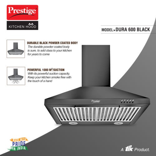 Prestige Dura 600 Black Stainless Steel Baffle Filter Kitchen Hood - 1000m3/hr