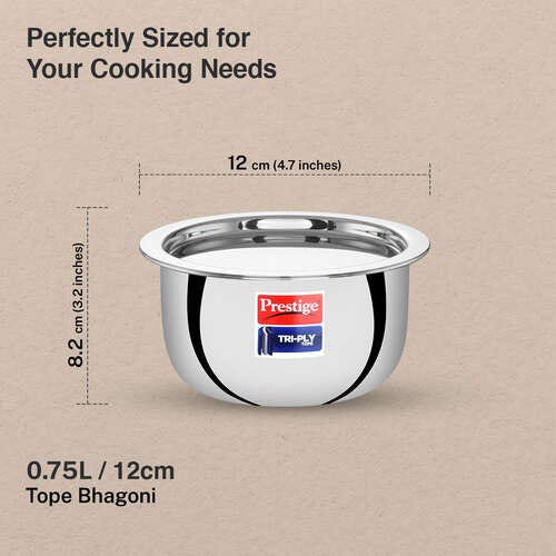 Prestige 12cm/0.75L Tri-Ply Stainless Steel Tope with Lid|Gas and Induction Compatible| Even Heat Distribution|Strong and Durable| 5 Years Warranty