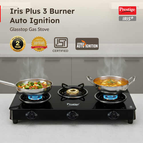 Prestige Iris Plus 3 Burner Auto Ignition Gas Stove | Toughened Glass Top | Tri-Pin Brass Burners | Ergonomic Knob | Black | 2Y Warranty | ISI Certified