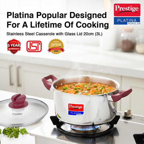 Prestige Platina Popular Stainless Steel Unique Impact Forged Bottom Casserole with Glass Lid, 20cm (3 L) (Silver)