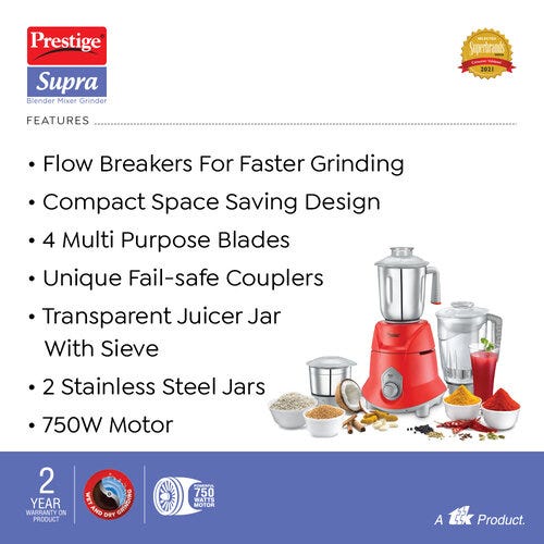 Prestige 750 Watts Supra Blender Mixer Grinder with 3 Jars (2 Stainless Steel Jars + 1 Juicer Jar)|Compact Design| Flow Breaker Design| 2 Years Warranty